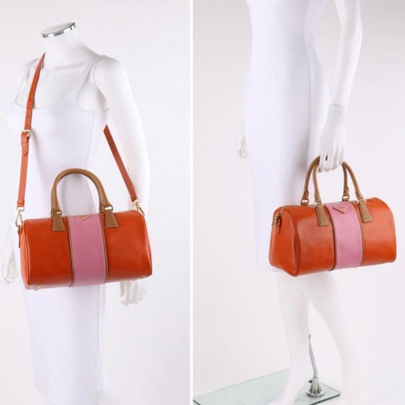 PRADA Boston Papaya Caramel Pink Saffiano Fori Perforated Satchel - Picture 1 of 13